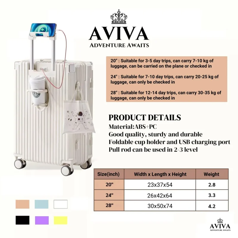 3cf1c1fa15b04c29da466ab062fd86b8.jpg_2200x2200q80.jpg_ AVIVA Luggage 20/22/24/26/28 Inch USB Charging Cup Holder Waterproof Multifunctional Suitcase